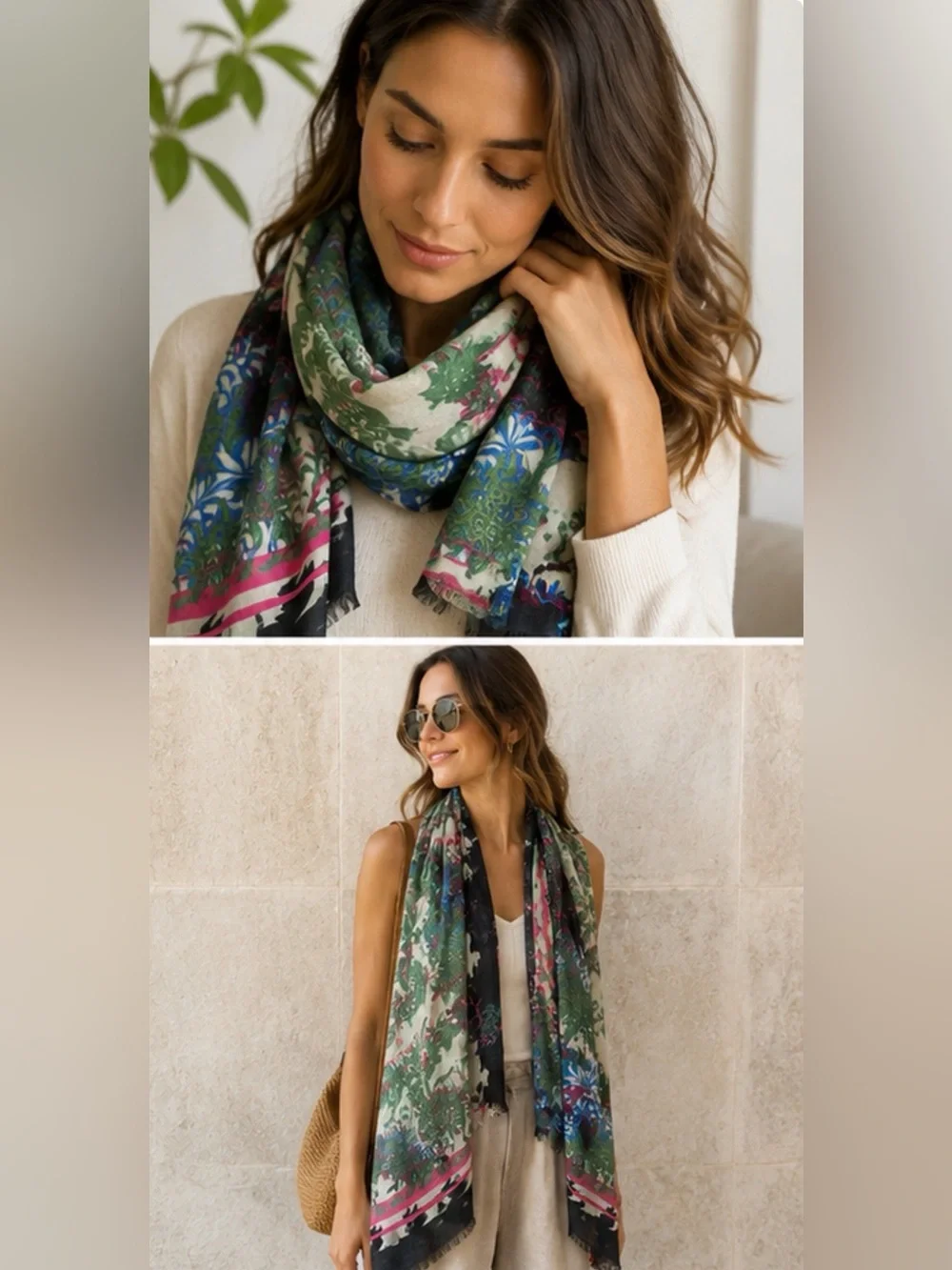 Unbranded Silk Cashmere Floral Scarf 80” x 28” – Colorful Botanical Print